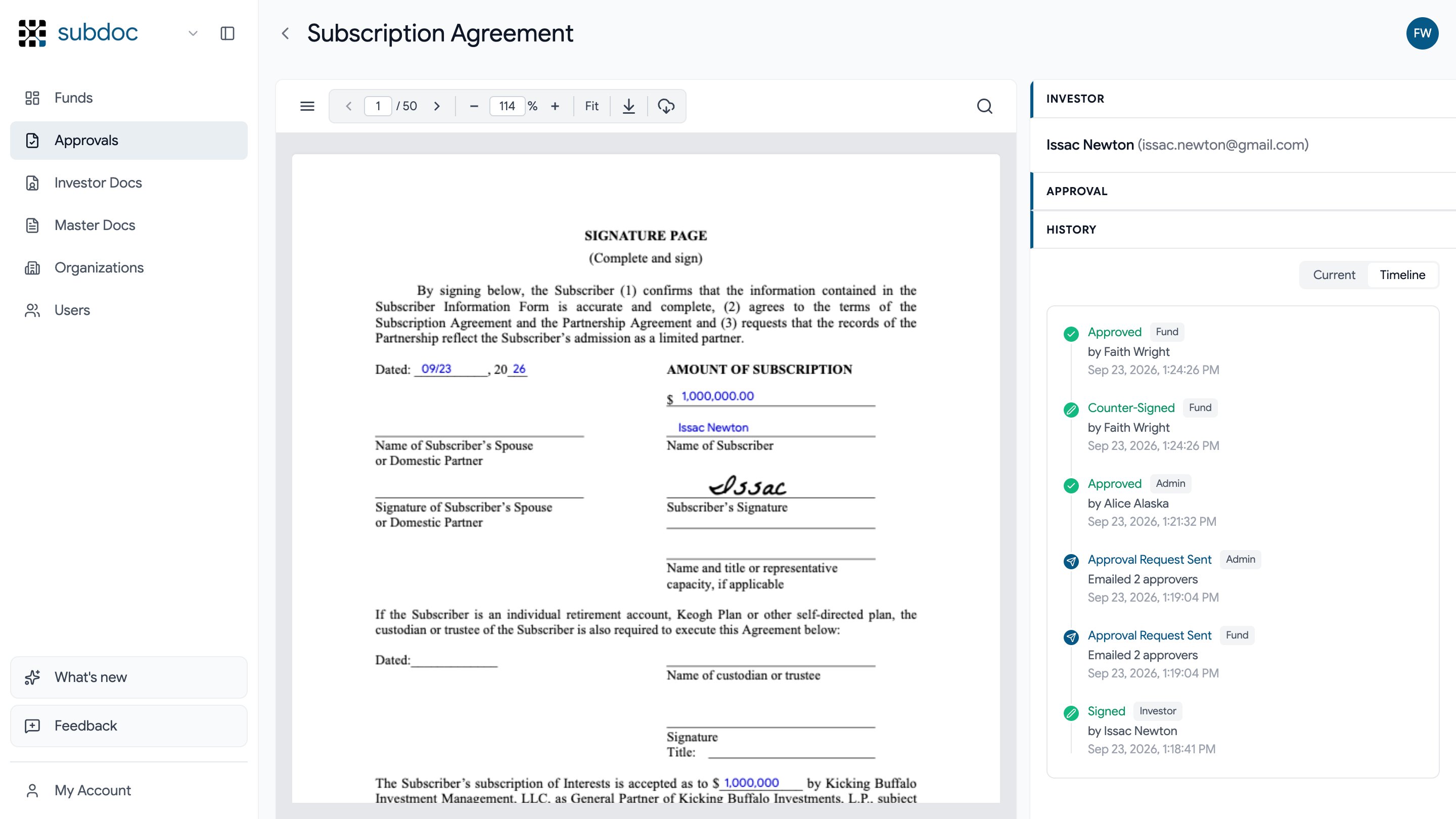 Approvals timeline for one subscription: investor signed, administrator approved, fund counter-signed and approved