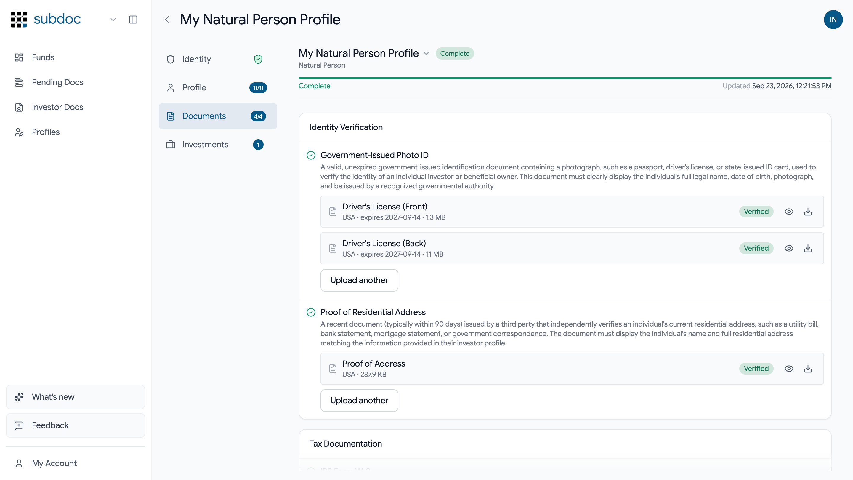 An investor profile record with Identity, Profile, Documents and Investments tabs, showing the identity and tax documents on file