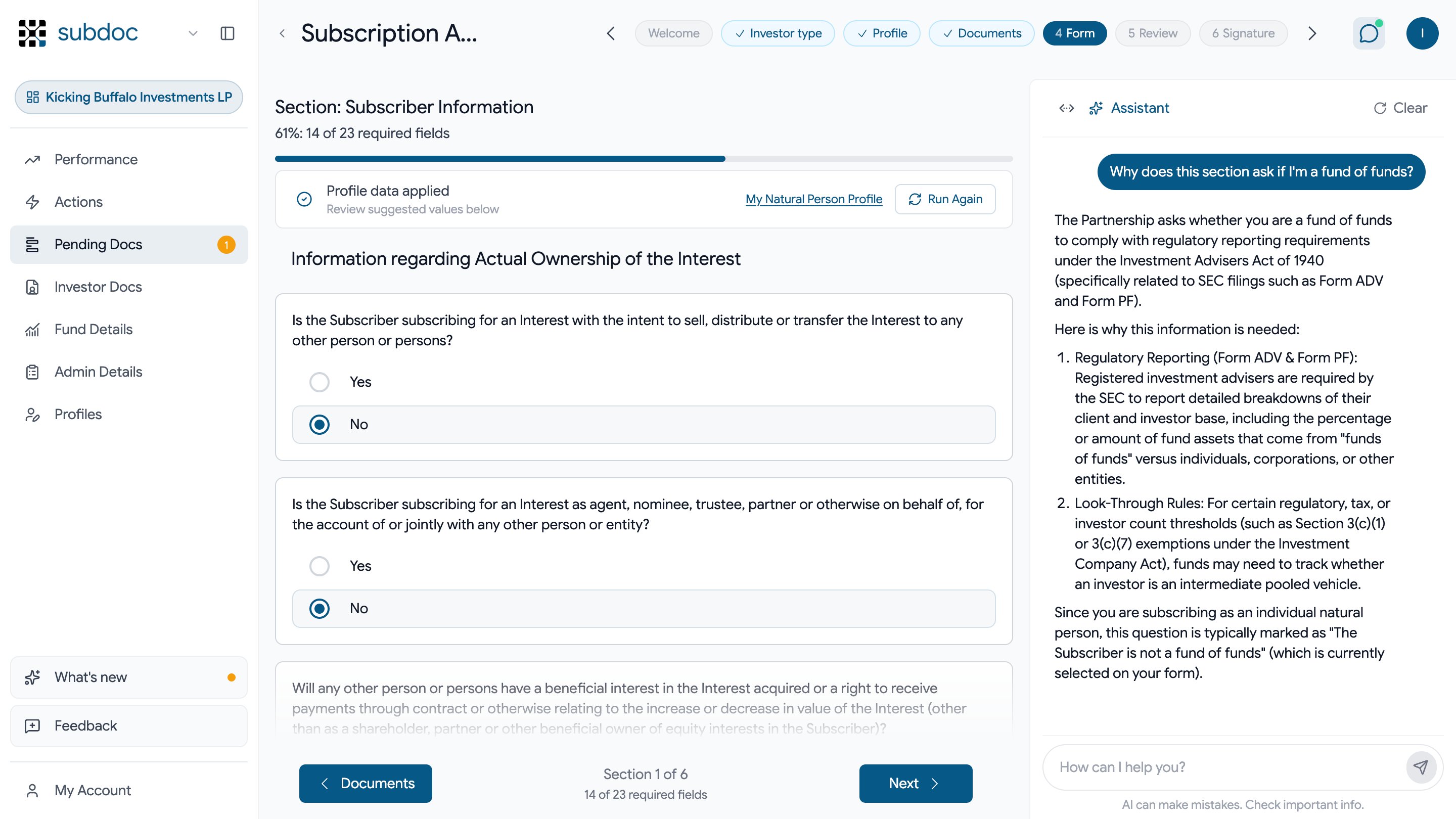 Guided subscription form with the assistant explaining why the section asks whether the subscriber is a fund of funds