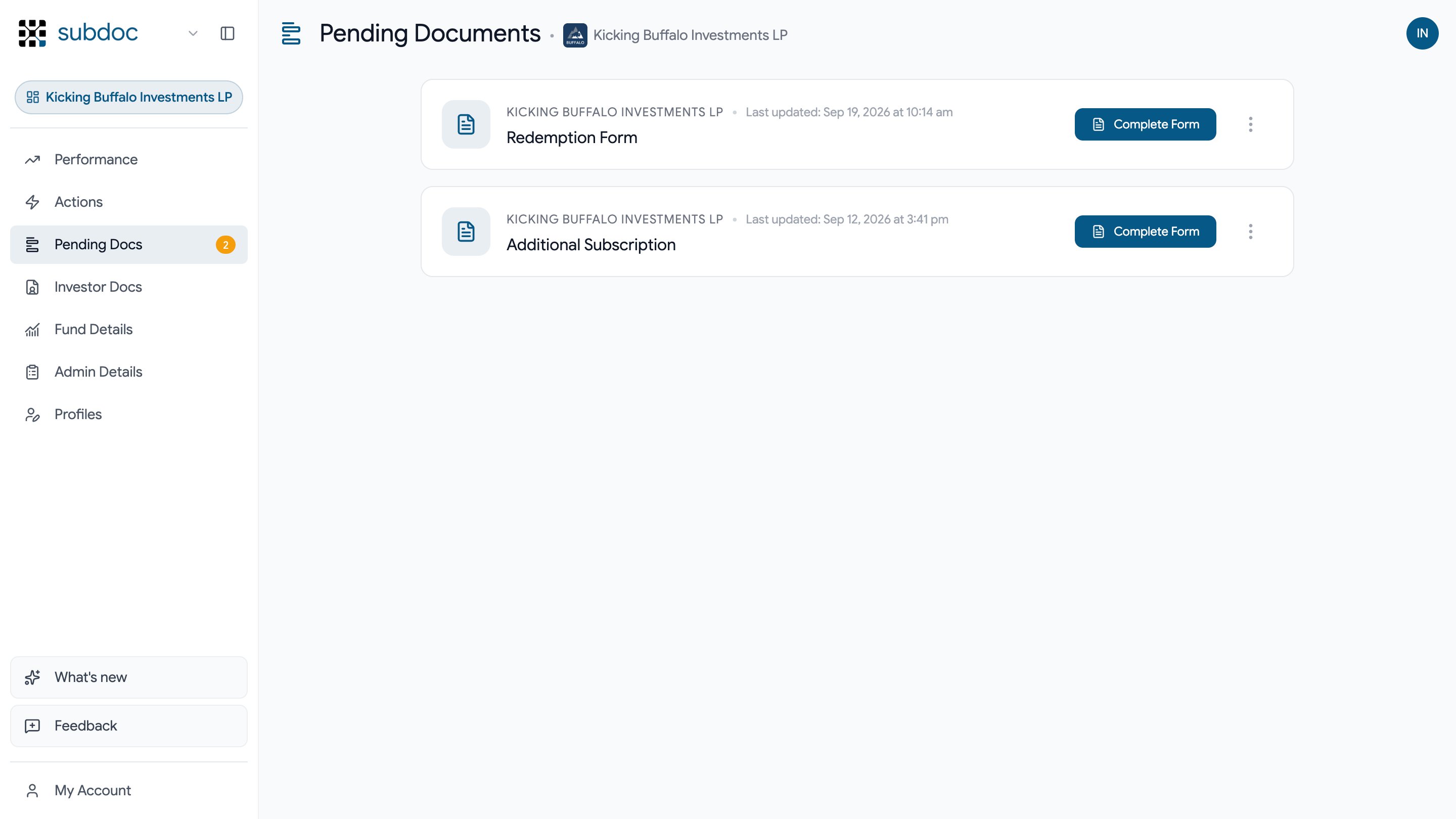 An investor's pending documents: a redemption form and an additional subscription, each with a Complete Form button